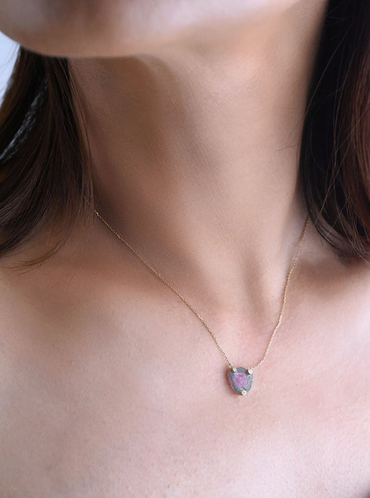 18K Gold Watermelon Tourmaline Slice Necklace with Diamond
