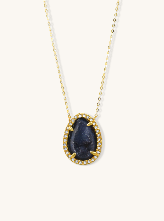 18K Solid Gold Geode & Diamond Pendant Necklace