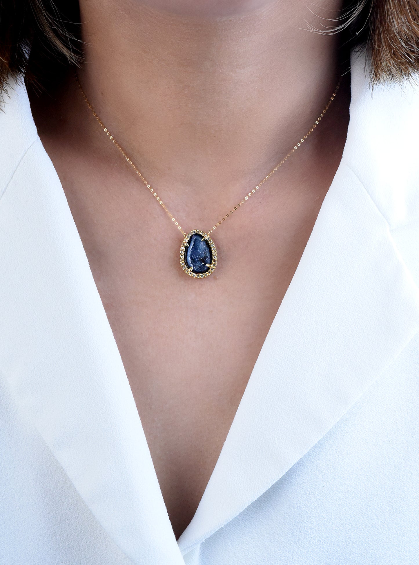 18K Solid Gold Geode & Diamond Pendant Necklace