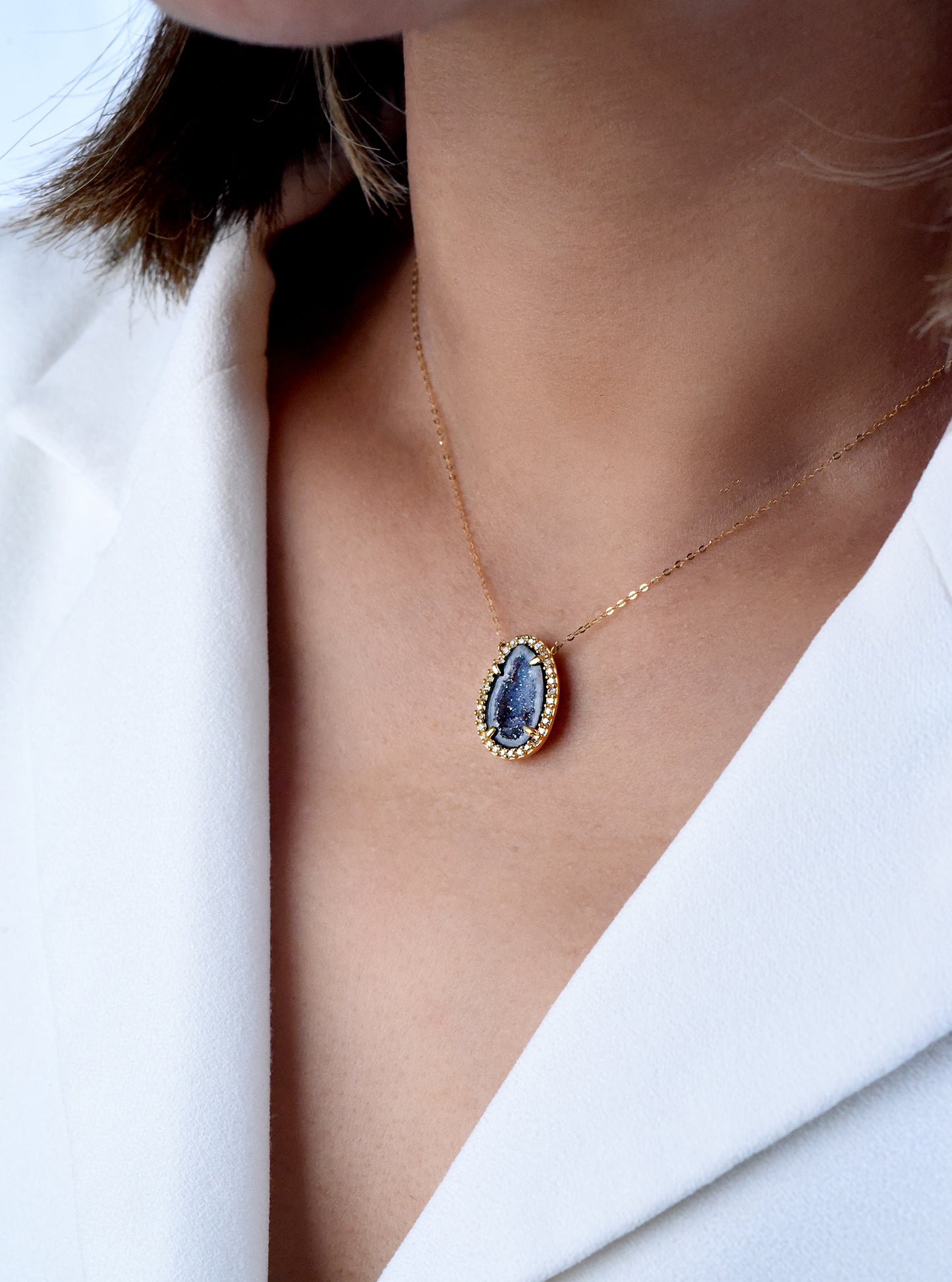 18K Solid Gold Geode & Diamond Pendant Necklace