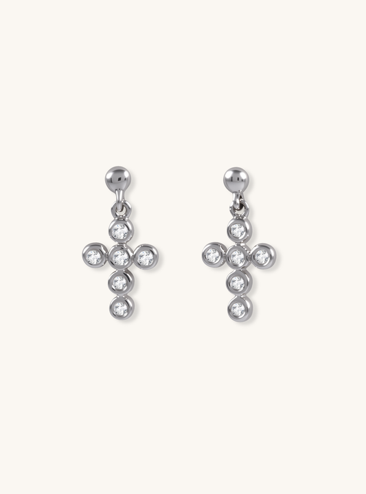 18k Solid White Gold Bubble Cross Diamond Earring