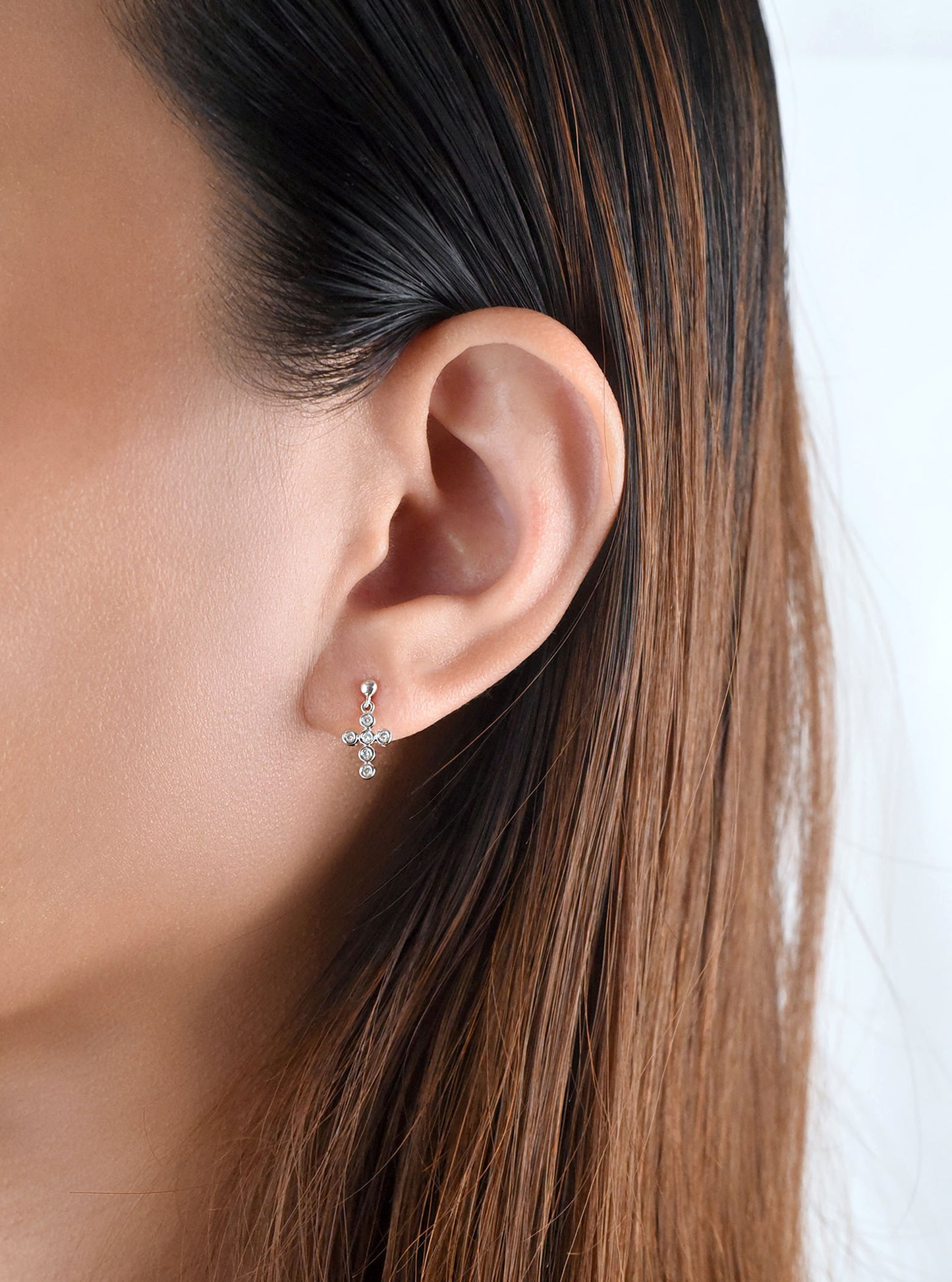 18k Solid White Gold Bubble Cross Diamond Earring