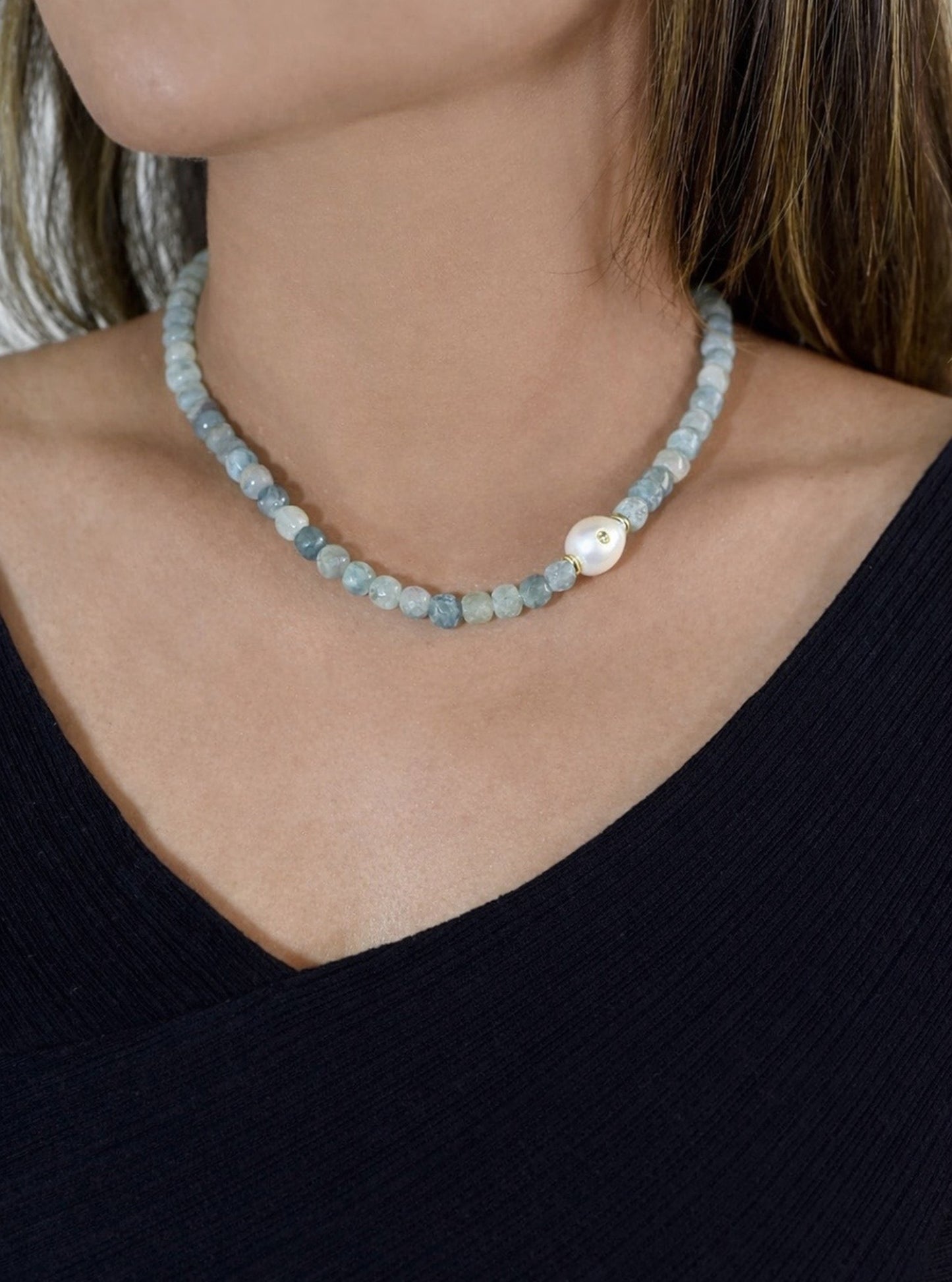 Aquamarine Necklace with Natural Baroque Pearl