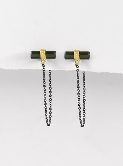 Tourmaline Bar Drop Chain with Diamond Earrings