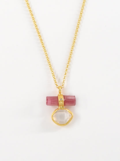 Tourmaline Bar Attached  Herkimer Quartz with Diamond Necklace