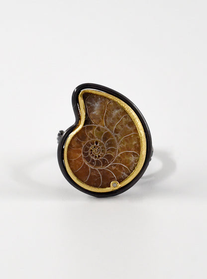 Ammonite with Diamond Adjustable Ring