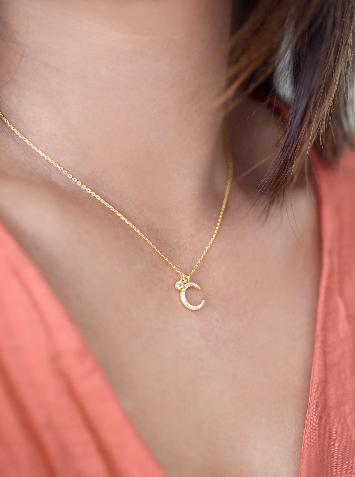 Moon with CZ Charm Necklace