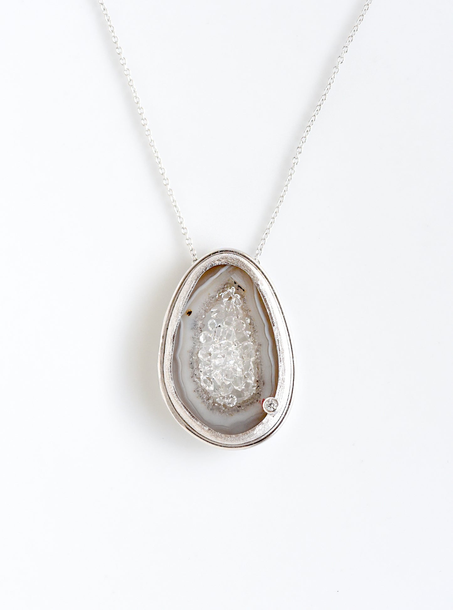 Agate Geode Necklace With Floating Herkimer Diamond