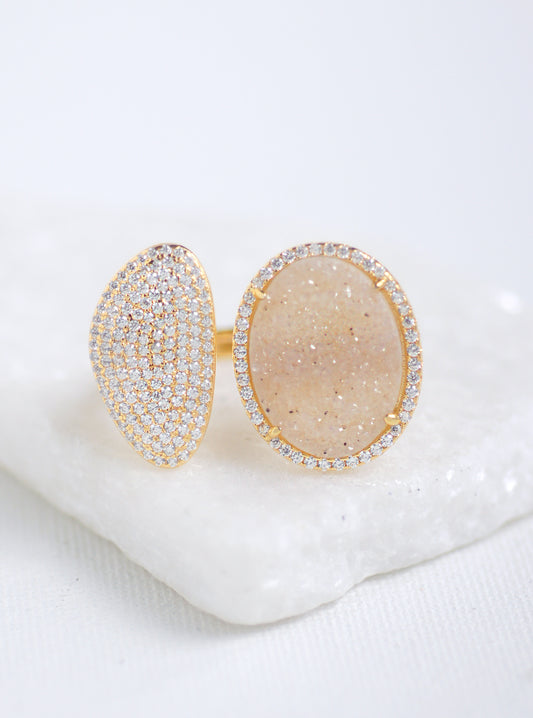 Glitter Druzy Oval and CZ Crescent Double Ring