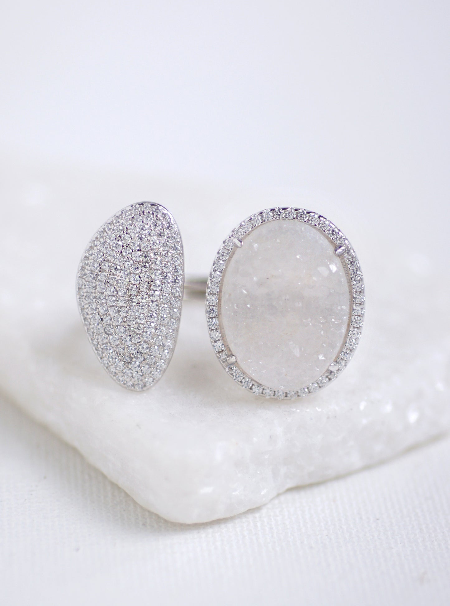 Glitter Druzy Oval and CZ Crescent Double Ring